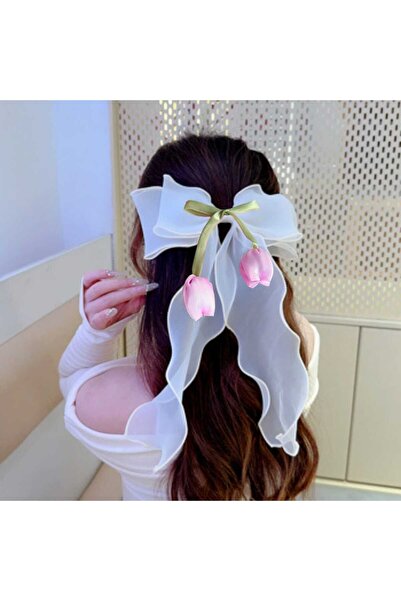 MutluBiDünya Laleli Organze Sarkıt Uzun Kuyruklu Fiyonklu Metal Klipsli Toka