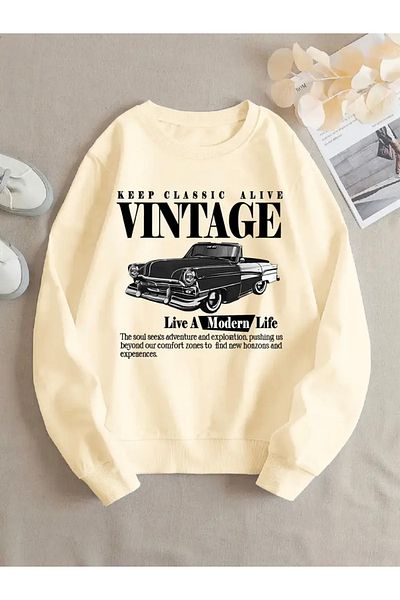 FUFLUNS Vintage Printed Oversize Women Men Unisex Circle Neck Sweatshirt