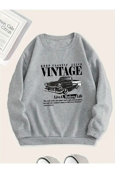 FUFLUNS Vintage Printed Oversize Women Men Unisex Circle Neck Sweatshirt