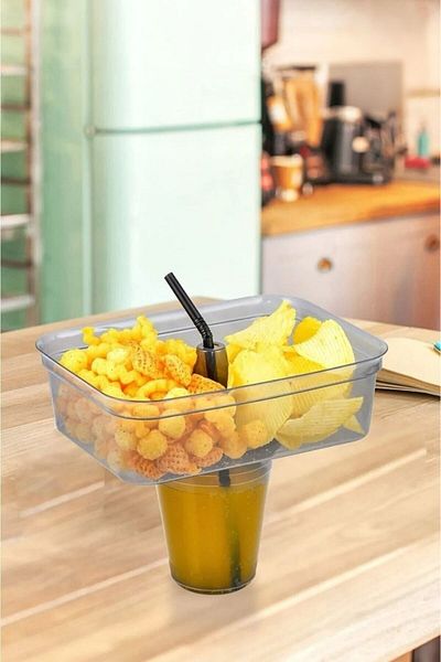 Museburan Cornered Rectangular Glass with Straw and Corn Chips Bucket Set| Chips Corn Bucket Platinum with Cup