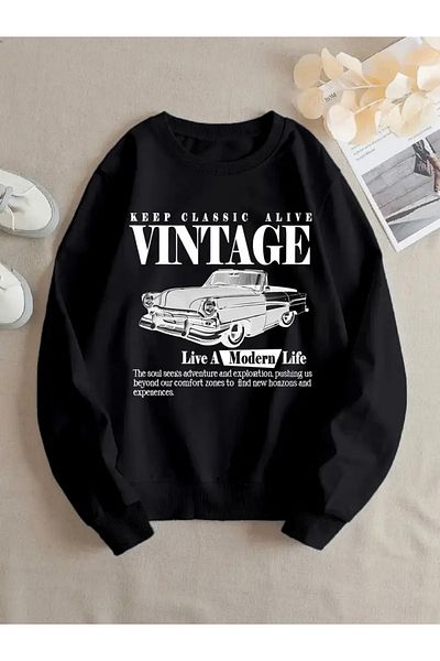 FUFLUNS Vintage Printed Oversize Women Men Unisex Circle Neck Sweatshirt