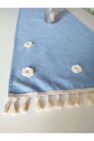 denizli hatırası Handcrafted Embroidered 3D Rose Natural Linen Authentic Tasseled Runner 45X120 cm