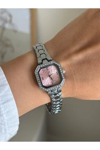 RoseandRoses Persy Honeycomb Dial Women's Wrist Watch Silver (Pink Dial)
