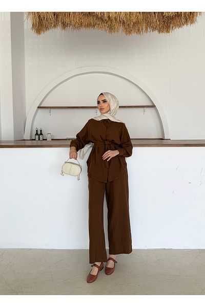 Butik Hijab Compatible Muslin Fabric Loose Cut Belted Trousers Shirt Set