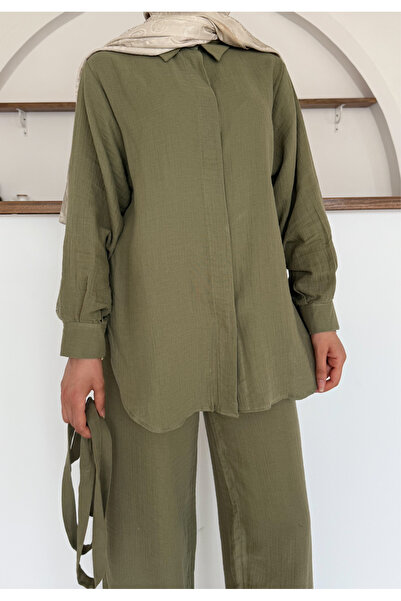 Butik Hijab Compatible Muslin Fabric Loose Cut Belted Trousers Shirt Set