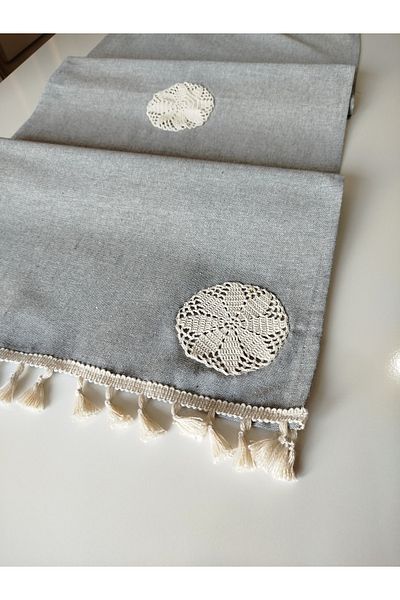 denizli hatırası Handcrafted Embroidered Natural Organic Linen Authentic Tasseled Runner 45X120 cm