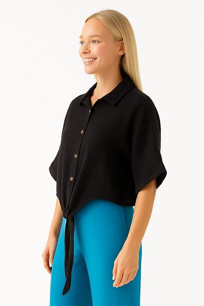 enmodaiçgiyim Black 100% Cotton Muslin Fabric Women's Bat Sleeve Buttoned Summer Shirt – Comfortable and Stylish Casual Blouse