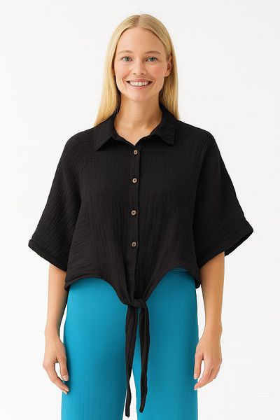 enmodaiçgiyim Black 100% Cotton Muslin Fabric Women's Bat Sleeve Buttoned Summer Shirt – Comfortable and Stylish Casual Blouse