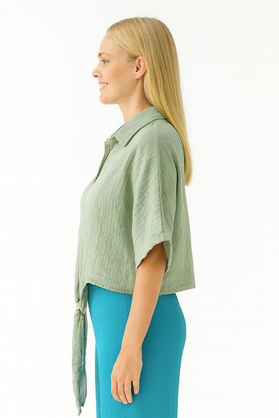 enmodaiçgiyim Mint Green 100% Cotton Muslin Fabric Women's Bat Sleeve Button Summer Shirt–Comfortable and Stylish Casual Blouse