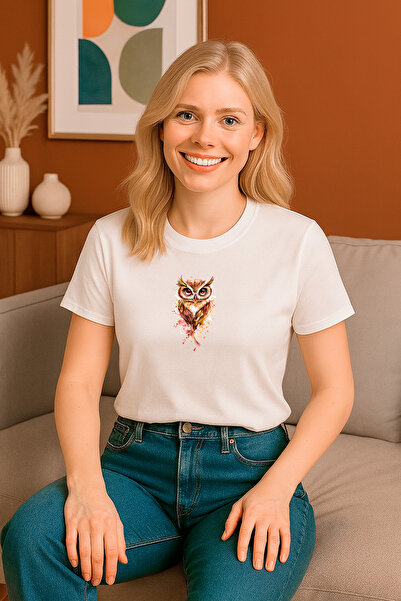 HUBERYWEAR Tricou alb de damă cu model bufniță croi relaxat – HUBERY