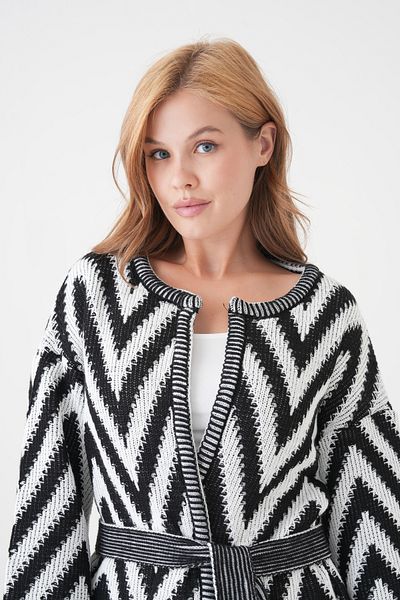 lovebox Women's Knitwear Fabric Zigzag Patterned Belted Design Black and White Knitwear Cardigan 3201