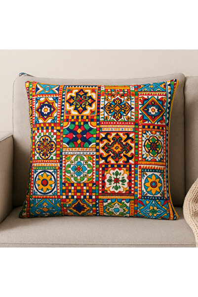 Elyona Akdeniz Karo Desenli Telalı Duck Kumaş Kırlent Kılıfı- Overloklu Renkli Yastık Kılıfı