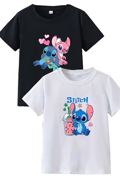 makiteks 2 Pack Quality Cotton Combed Women's Printed Tshirt Lilo Stitch Black White T-Shirt