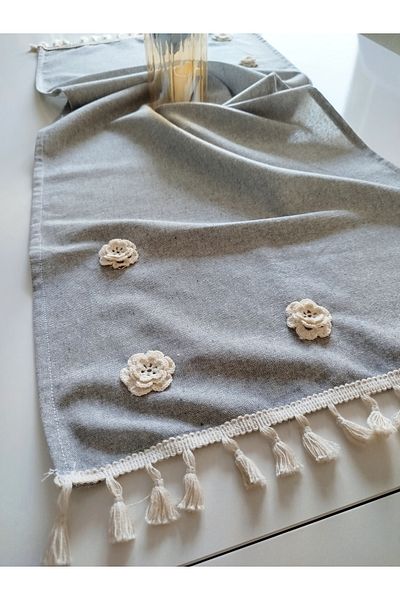 denizli hatırası Handcrafted Embroidered 3D Rose Natural Linen Authentic Tasseled Runner 45X120 cm