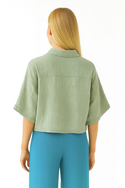 enmodaiçgiyim Mint Green 100% Cotton Muslin Fabric Women's Bat Sleeve Button Summer Shirt–Comfortable and Stylish Casual Blouse