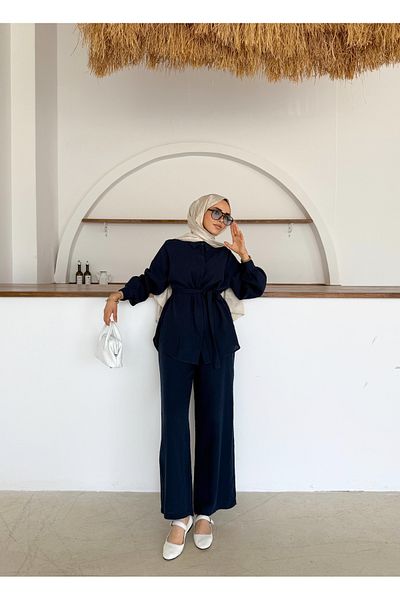 Butik Hijab Compatible Muslin Fabric Loose Cut Belted Trousers Shirt Set