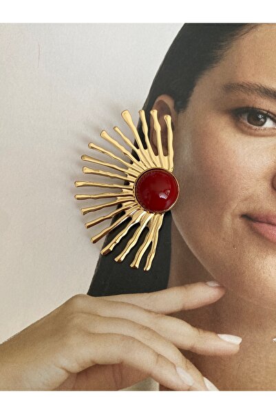 Pinery Jewels Yelpaze Kırmızı Oval Taşlı Kadın Küpe Çifti