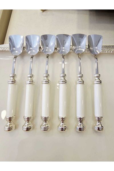 MaviDamla 6 Pieces Ice Cream Spoons with Porcelain Handle Silver