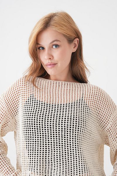 lovebox Women's Knitted Patterned Long Sleeve Cream Knitwear Crop Blouse 3200