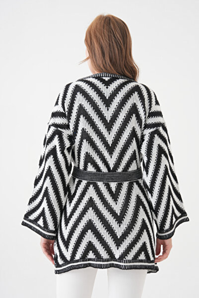 lovebox Women's Knitwear Fabric Zigzag Patterned Belted Design Black and White Knitwear Cardigan 3201
