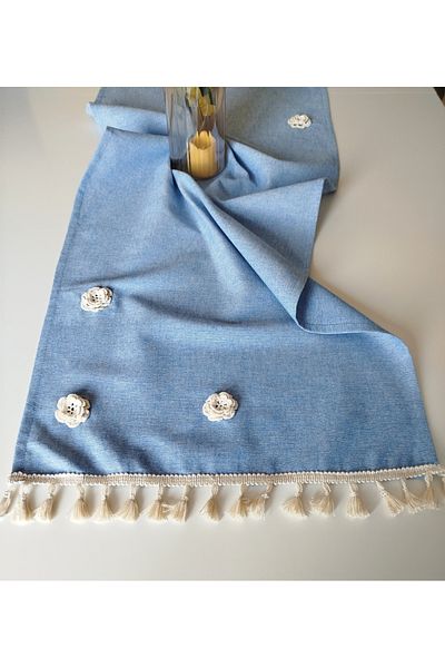 denizli hatırası Handcrafted Embroidered 3D Rose Natural Linen Authentic Tasseled Runner 45X120 cm