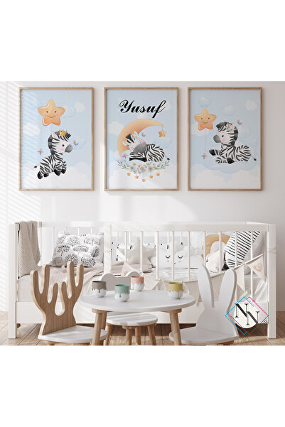 NN DECOR İsme Özel Zebra ve Gökyüzü 3'lü Set - Doğal Ahşap Çerçeveli, Bebek v...