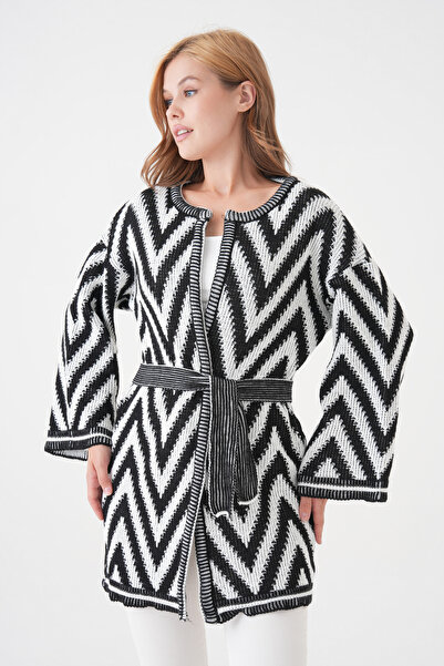 lovebox Women's Knitwear Fabric Zigzag Patterned Belted Design Black and White Knitwear Cardigan 3201