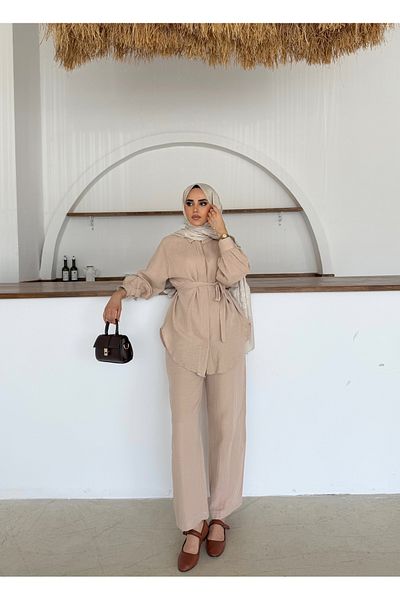 Butik Hijab Compatible Muslin Fabric Loose Cut Belted Trousers Shirt Set