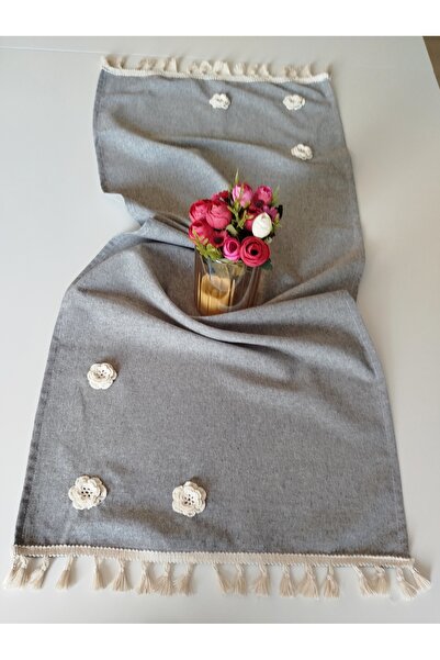 denizli hatırası Handcrafted Embroidered 3D Rose Natural Linen Authentic Tasseled Runner 45X120 cm