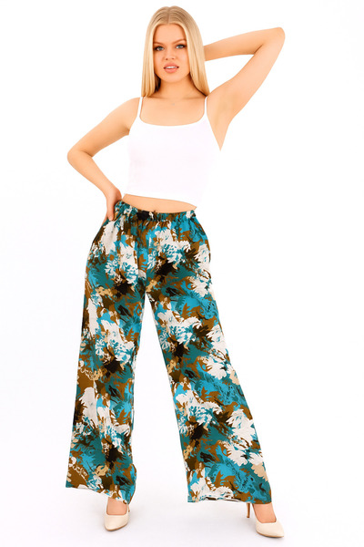 SheLoria Women's Blue Floral Tie Detail Elastic Waist Relaxed Fit Palazzo Vis...