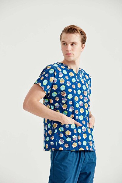 DEMOTEKS Navy Blue Medical Blouse with Print - Owl Model (Owls)