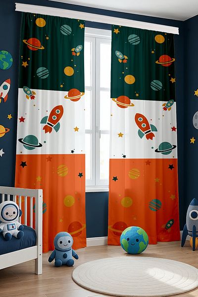 EVPANYA Retro Green Orange Space Vehicles Patterned Children's Baby Room Background Curtain (Single Wing Pricing)