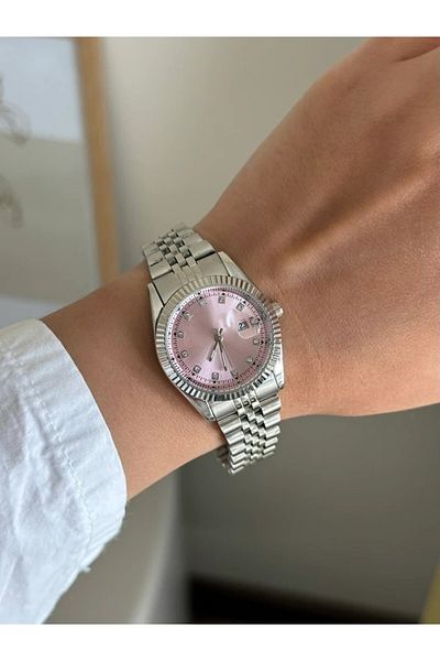 RoseandRoses Halisey Round Case Women Wrist Watch Silver (Pink Dial)