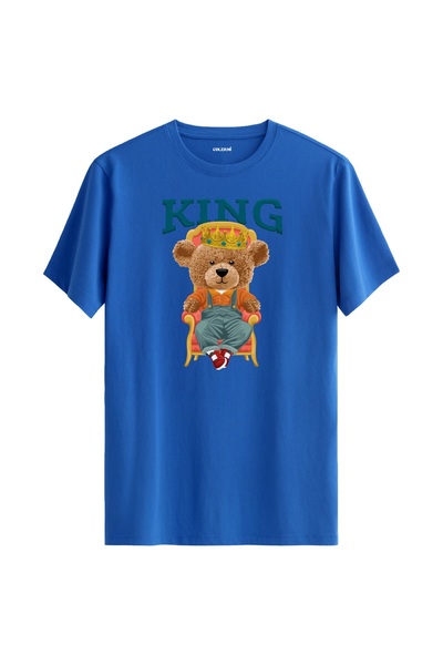 Colermi تي شيرت مطبوع عليه تيدي بير يرتدي التاج على عرش الملك - تي شيرت بتصمي...