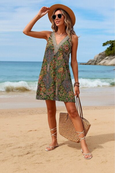 JANES Rochie de damă cu mâneci scurte din dantelă cu decolteu în V