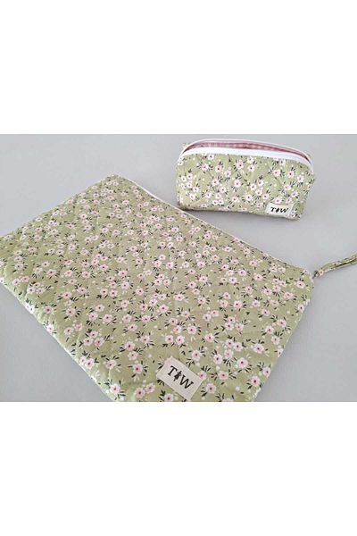 TALL WAY Green Floral Pattern Laptop Sleeve- Pen Bag Set (10-11-12 Inch)