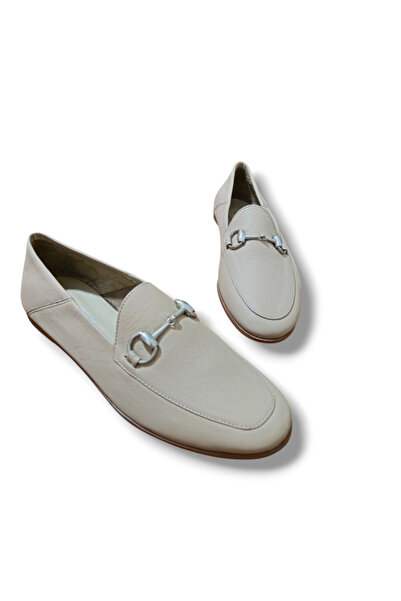 BARONES SHOES Beige Genuine Skin Leather Metal Buckle Women's Loafer