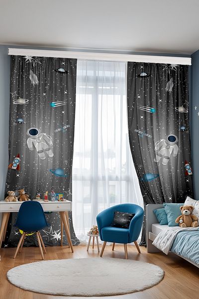 EVPANYA Gray Space Small Astronaut Patterned Children's Baby Room Background Curtain (Single Wing Pricing)