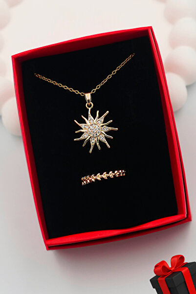 TREND COLLECTİON 316L Çelik Güneş Kadın Kolye ve Ayarlanabilir Yüzük Set (kut...