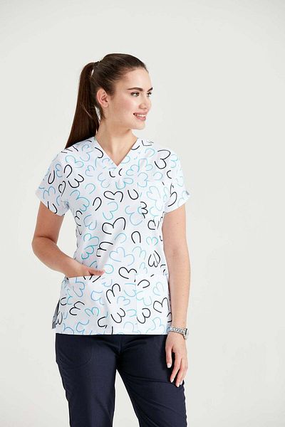 DEMOTEKS Women's white medical blouse with print - Heart White - Classic Model