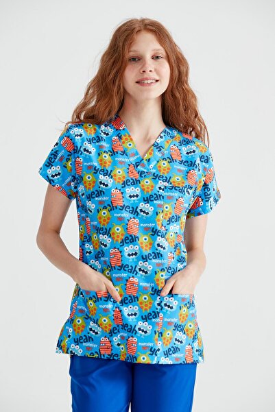 DEMOTEKS Blue Medical Blouse with Print - Monster Model (Monsters)