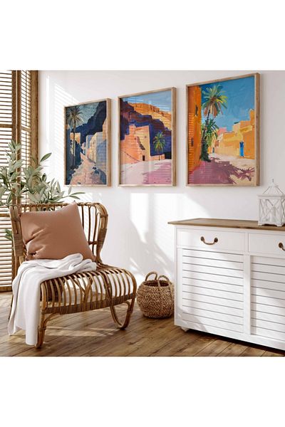 Nuqta Three canvas paintings - a colorful impressionistic design of Najdi nature and architecture
