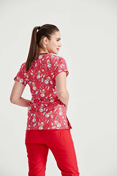 DEMOTEKS Red Medical Blouse with Print - Teddy Red