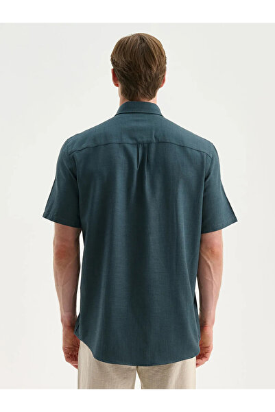 LC Waikiki Ανδρικό πουκάμισο SOUTHBLUEPetrol Regular Fit με κοντό μανίκι με λινό εμφάνιση