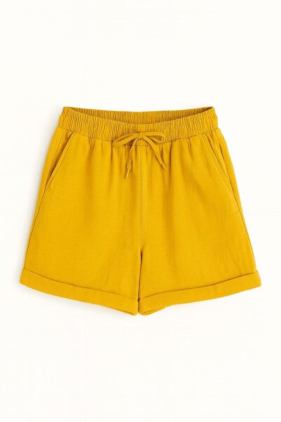 enmodaiçgiyim Sarı %100 Pamuk Müslin Kumaş Cepli Kadın Şort – Rahat Yazlık Günlük Şort