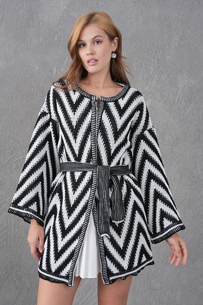 bayansepeti Black and White Zigzag Patterned Belt Detailed Knitwear Cardigan 3201