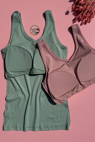 Elosia Bratique |   Modal 2-Piece V-Neck Bra, Powder and Green Color Camisole Women's Tank-Blouse 66E53
