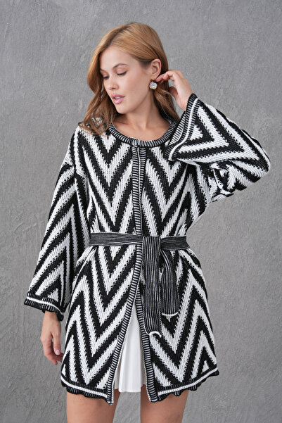 bayansepeti Black and White Zigzag Patterned Belt Detailed Knitwear Cardigan 3201