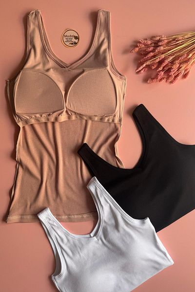VicTroy Chic Drape |   Modal 3-Piece Black, White and Powder V-Neck Padded Camisole Fabric Women's Tank-Blouse 66E53