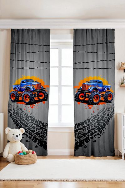 EVPANYA Gray Fire Monster Truck Patterned Children's Baby Room Background Curtain (Single Wing Pricing)